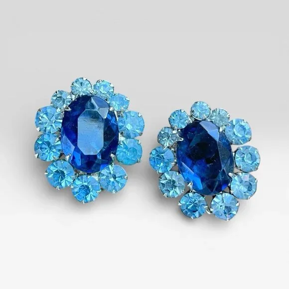Vintage 1950s Blue Rhinestone Earrings Clip On Bridal Statement Costume Jewelry - Picture 1 of 15